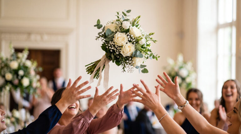 catching the bridal bouquet